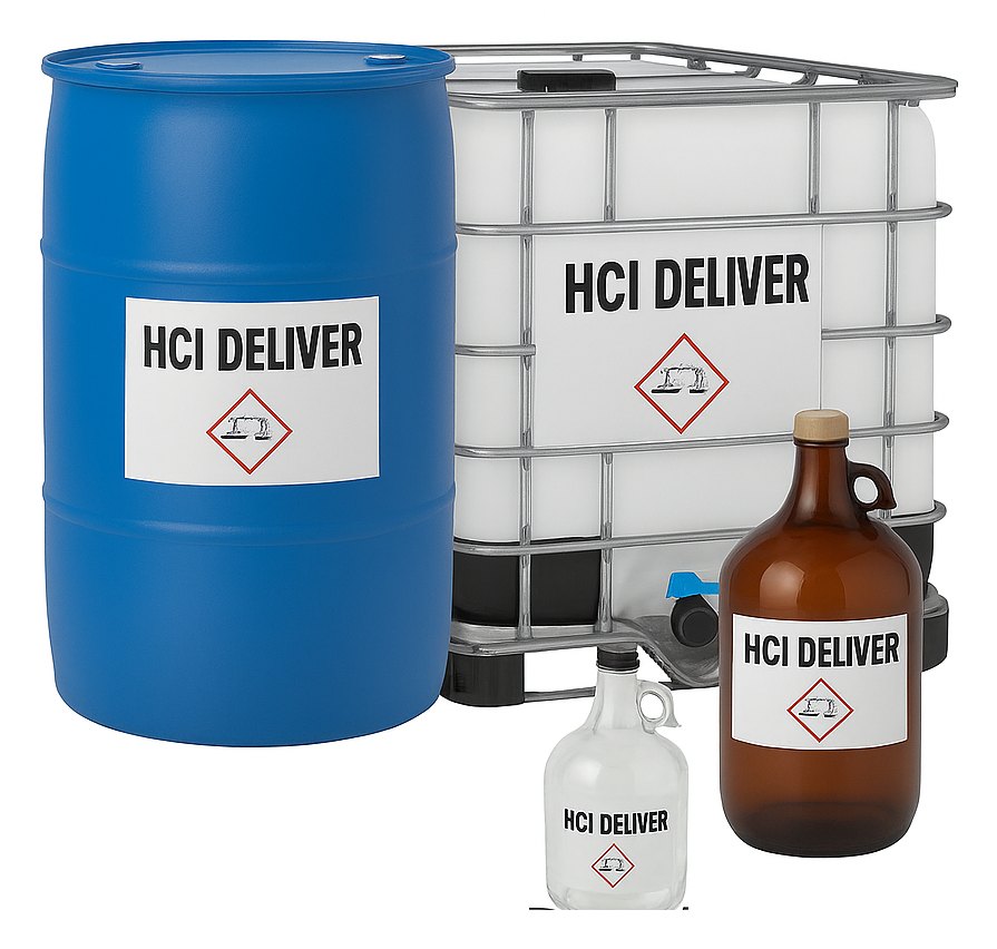 Hydrochloric acid from RAP in a 55-gallon drum, an IBC tote, and lab jugs